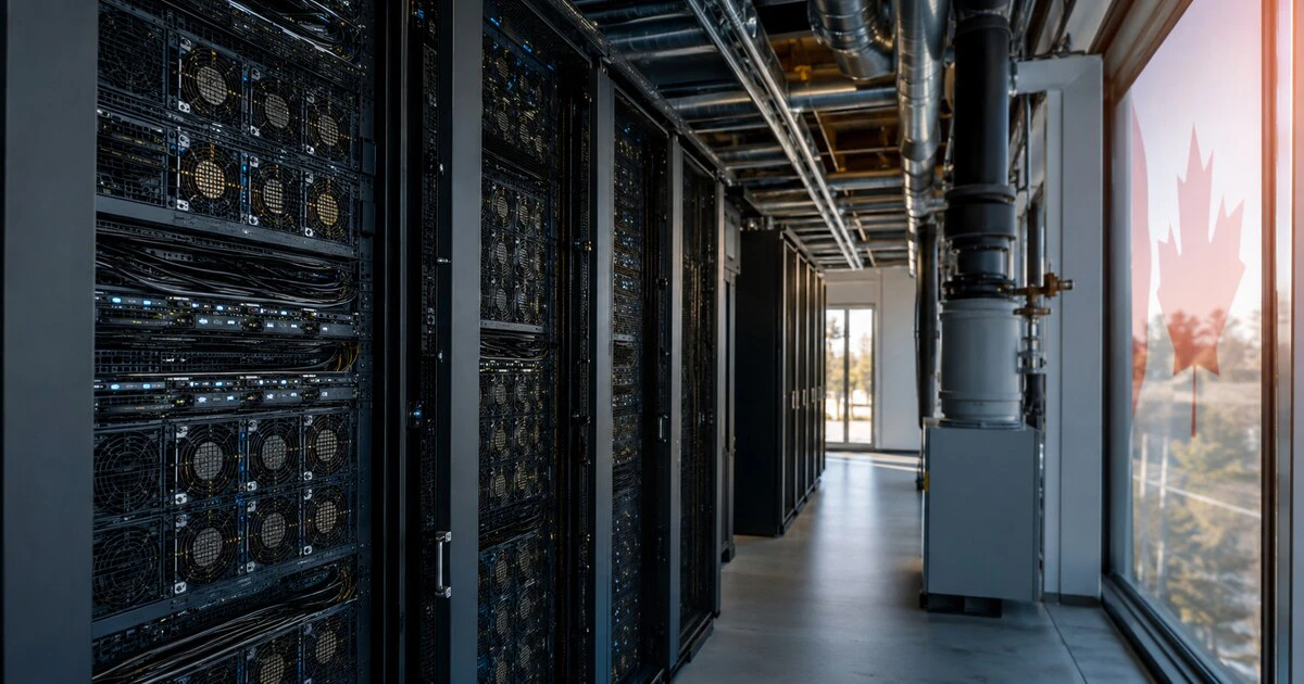 Rows of data centre server racks representing CoreWeave's AI infrastructure expansion in Canada