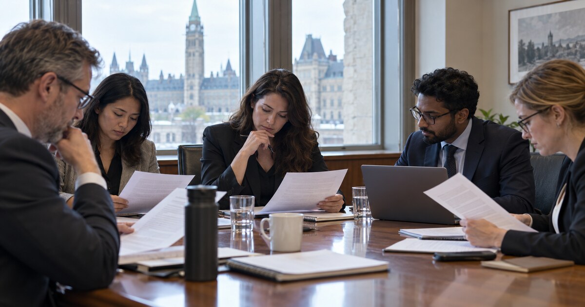 Five advisers review briefing papers around a meeting table with Parliament buildings visible beyond the windows.