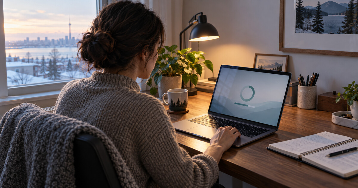 A person checks an automated task on a laptop in a home office.