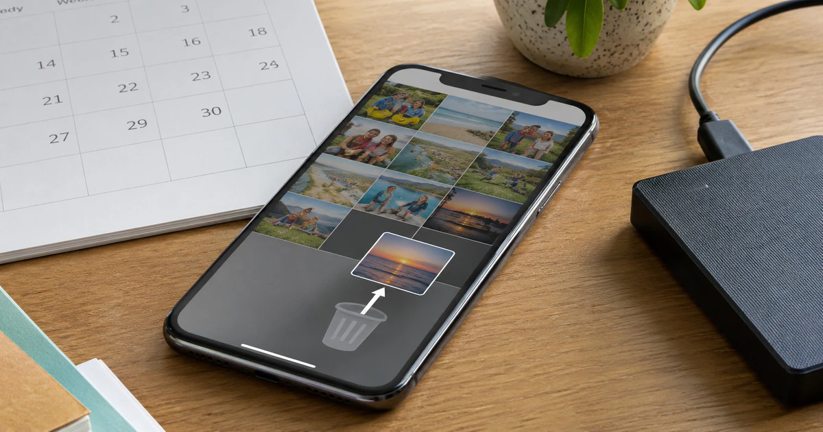 A phone user backing up the photos from the phone to a hard drive