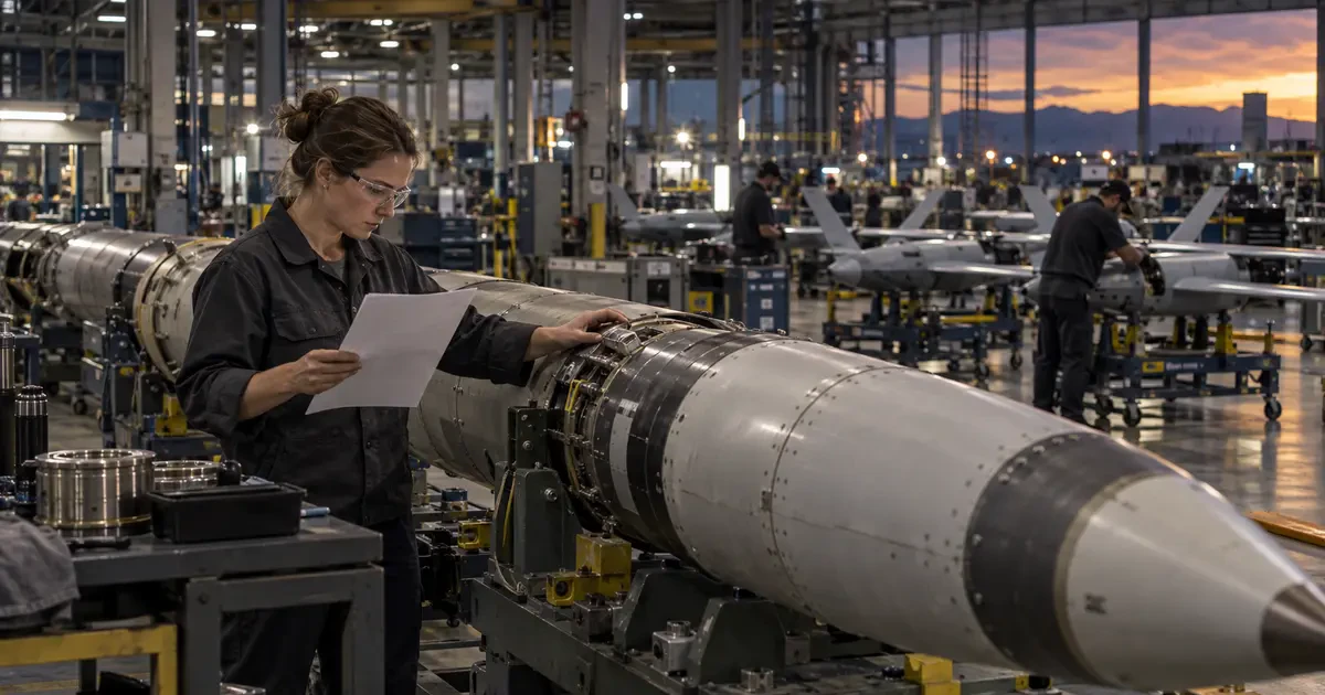 A manufacturing engineer inspects a missile component while compact counter-drone aircraft are assembled behind her.