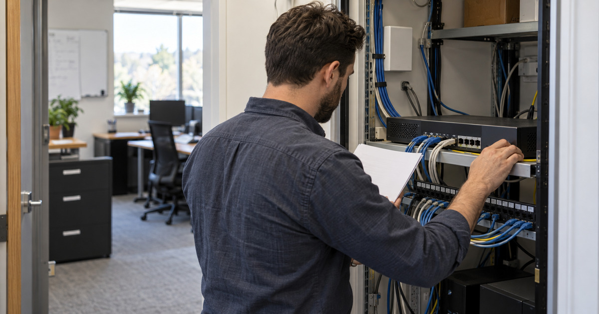 A network administrator checks a generic firewall appliance against a printed asset inventory.
