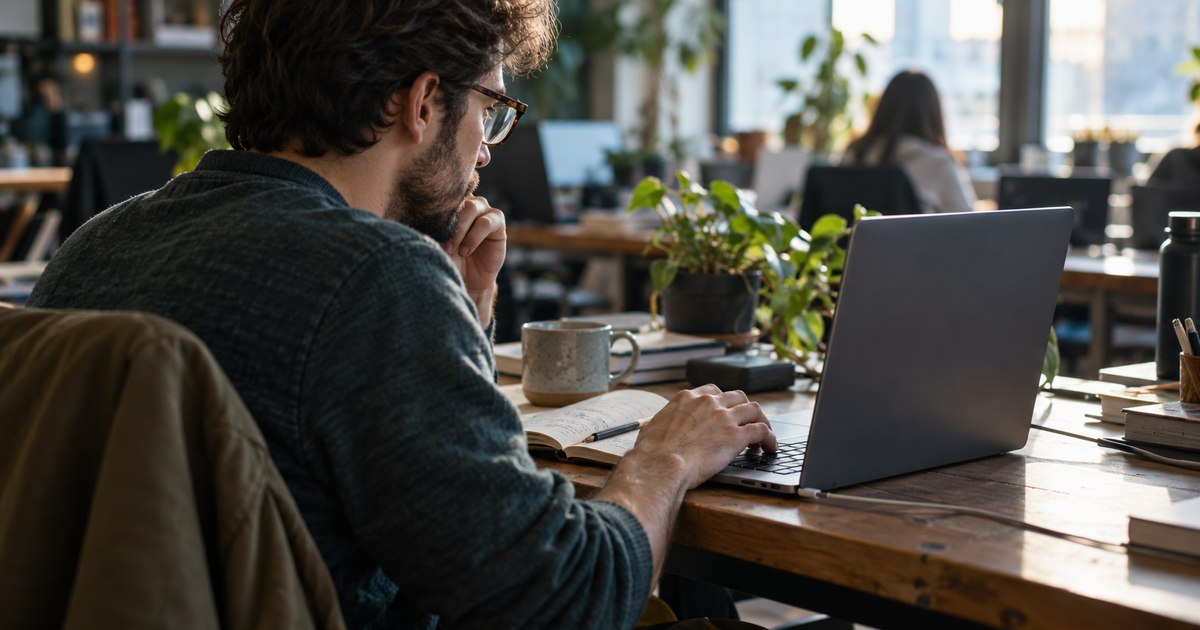 A developer works at a laptop facing him in a shared office.