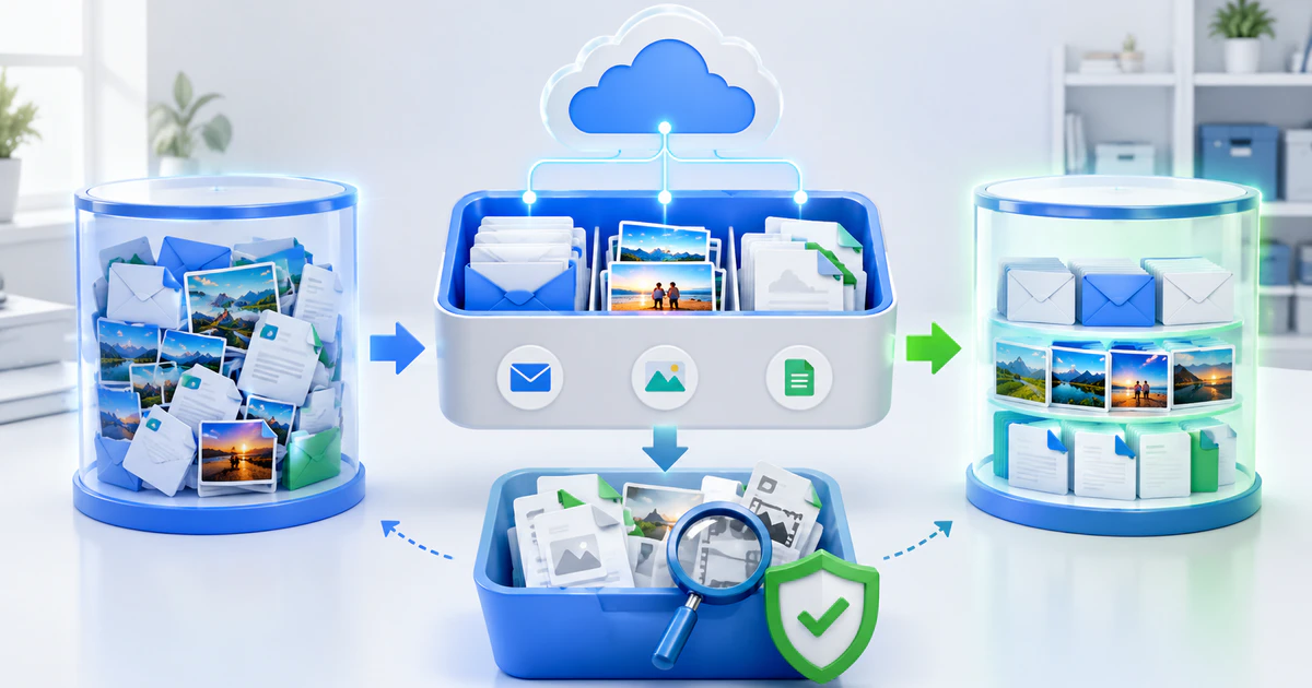 Person organizing photographs and documents beside a laptop and external drive