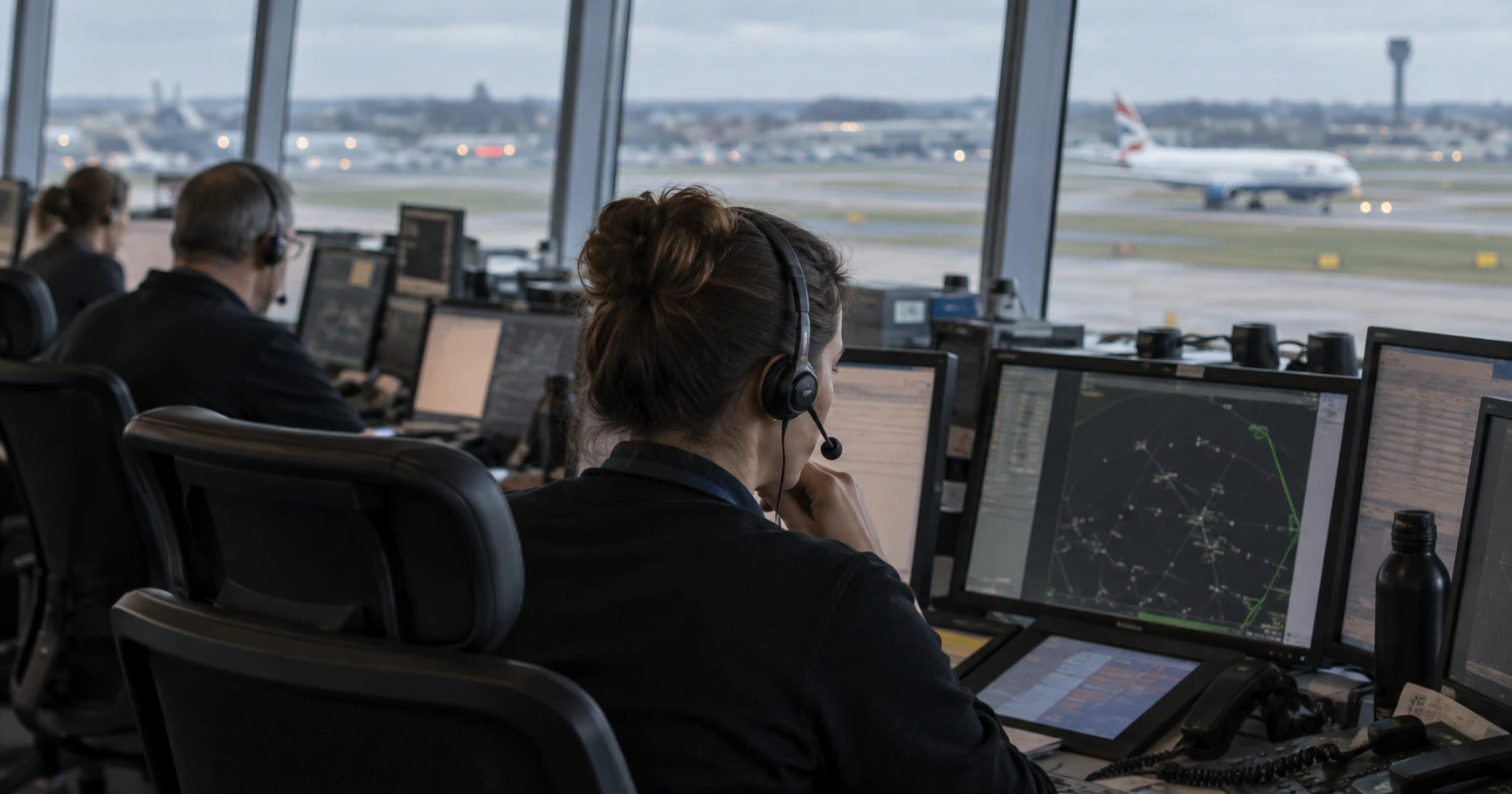 An air traffic controller monitors aircraft movements from an airport operations room.