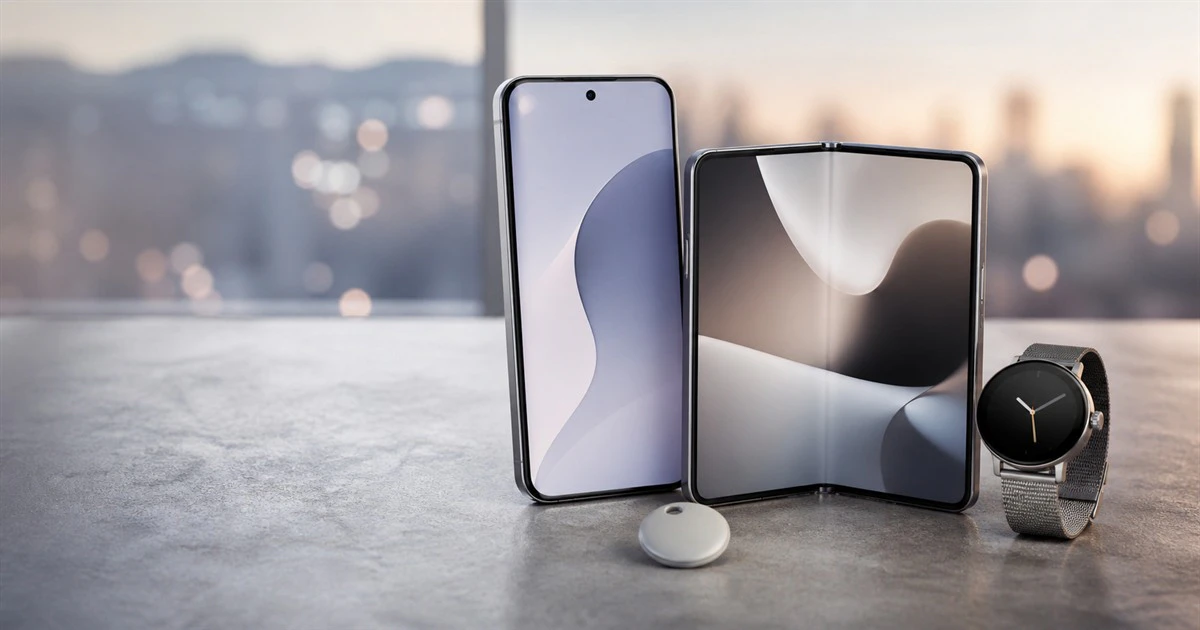Generic smartphone, foldable phone, round smartwatch and finder tag arranged on a studio table