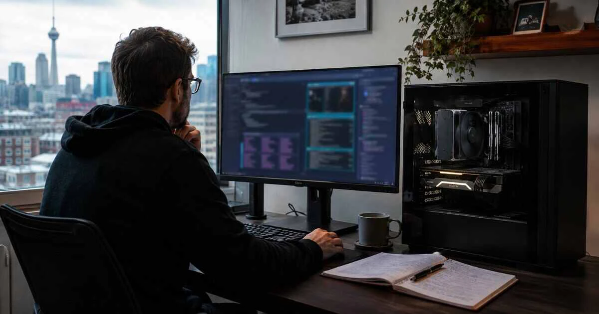 Developer running a local AI model on a desktop computer equipped with one graphics card