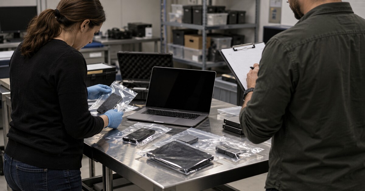 Two investigators document phones and a laptop in evidence bags on a worktable.