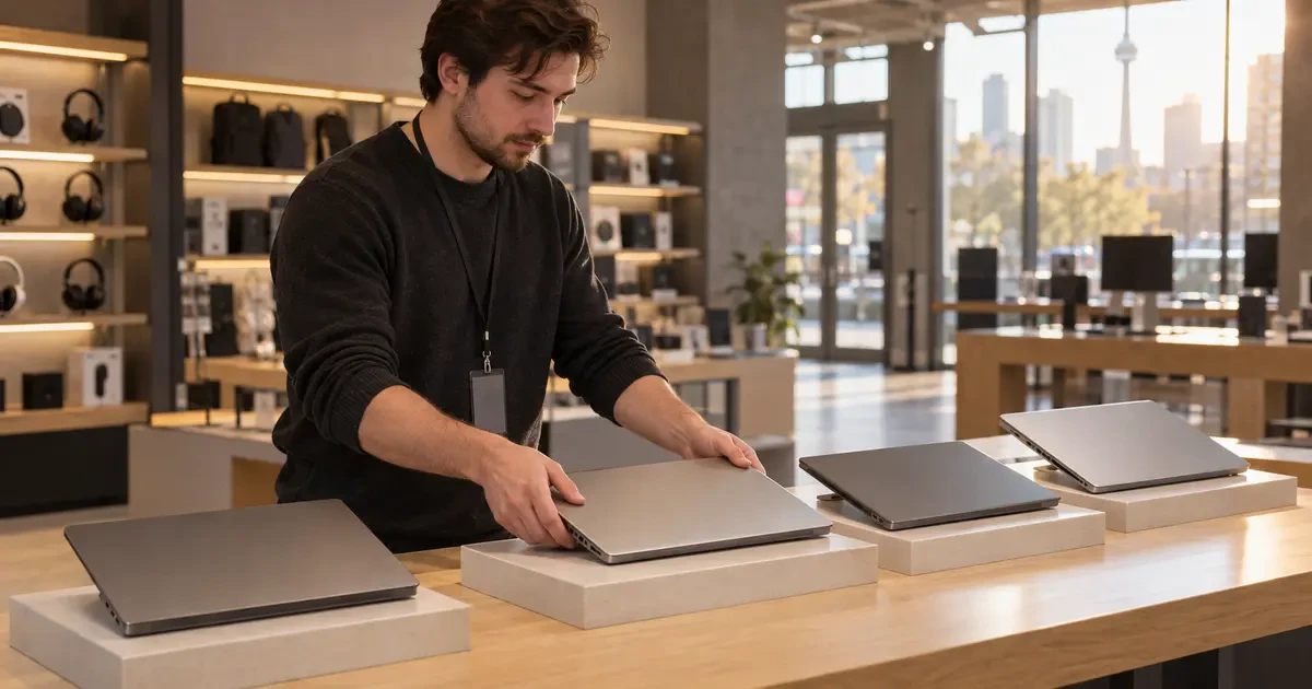 An electronics store employee arranges four closed premium laptops on a display table.