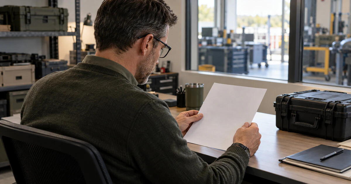 A procurement specialist reads the front of a contract beside a rugged equipment case.