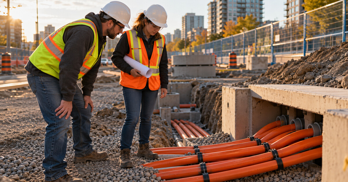 Two infrastructure planners inspect fibre conduit at a Canadian construction site.