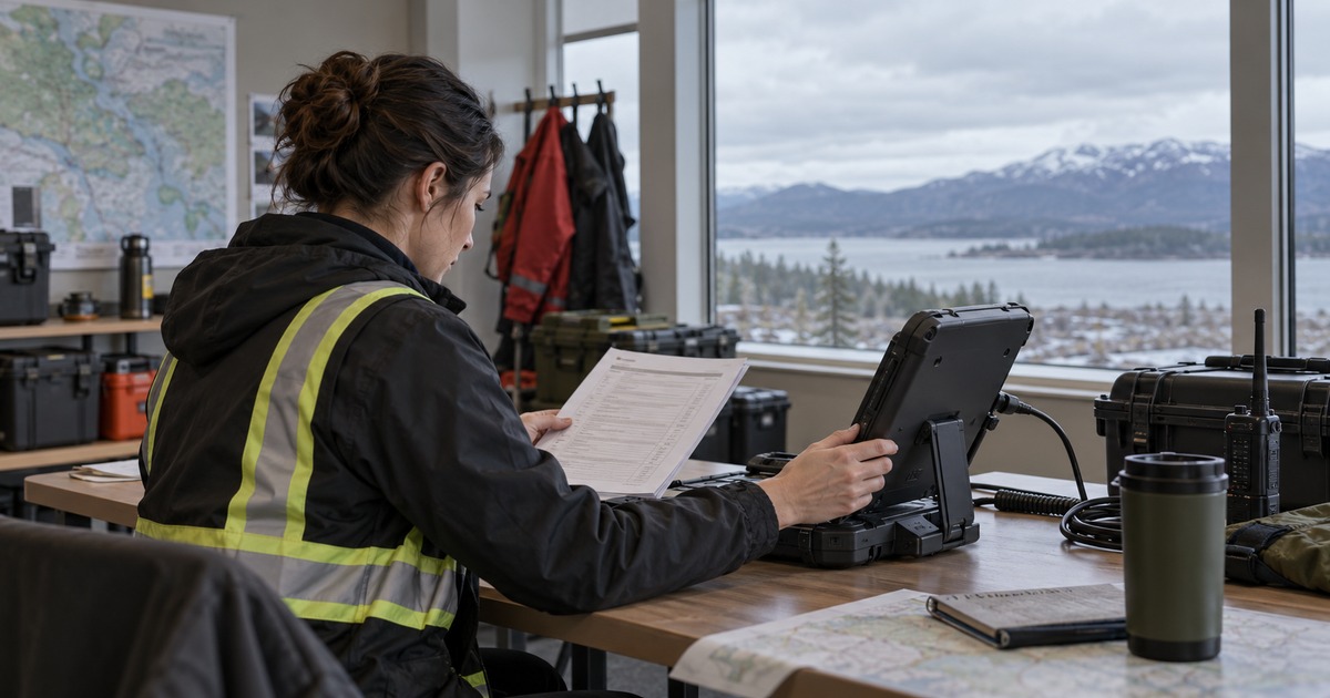 A field operations coordinator tests a portable communications terminal beside a paper continuity checklist in an illustrative scene.