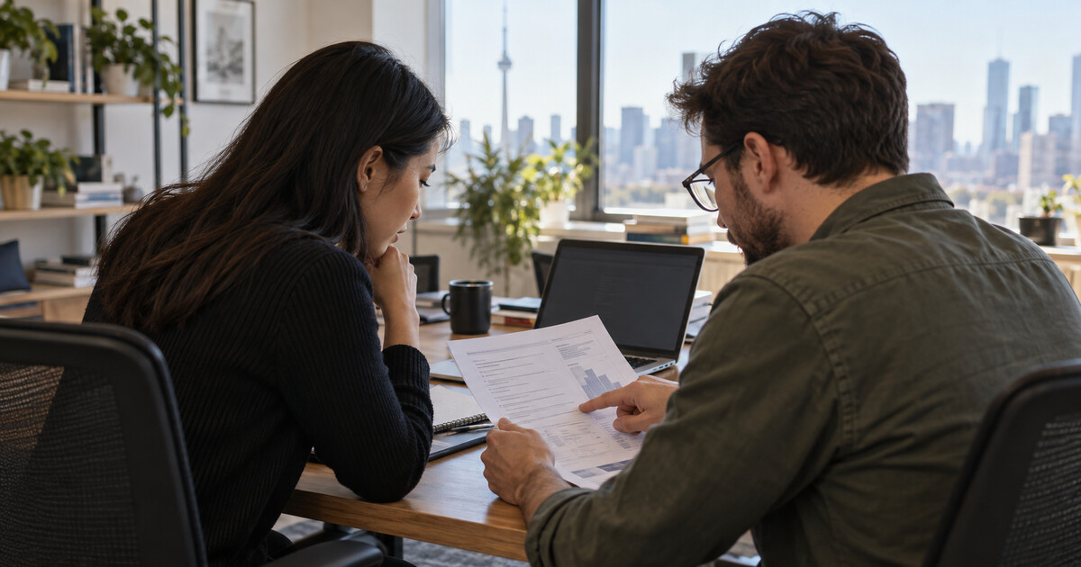 Two security researchers review a printed vulnerability report beside a laptop in a Toronto office.