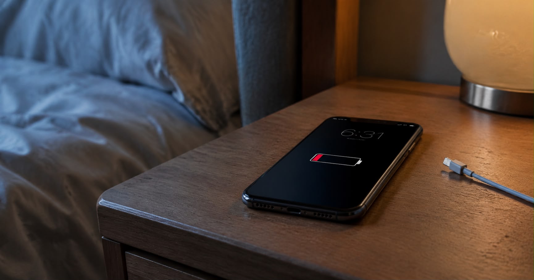 Smartphone showing a low battery on a bedside table beside an unplugged cable