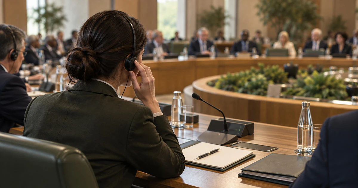 A policy delegate listens through an interpretation headset at an international conference table.
