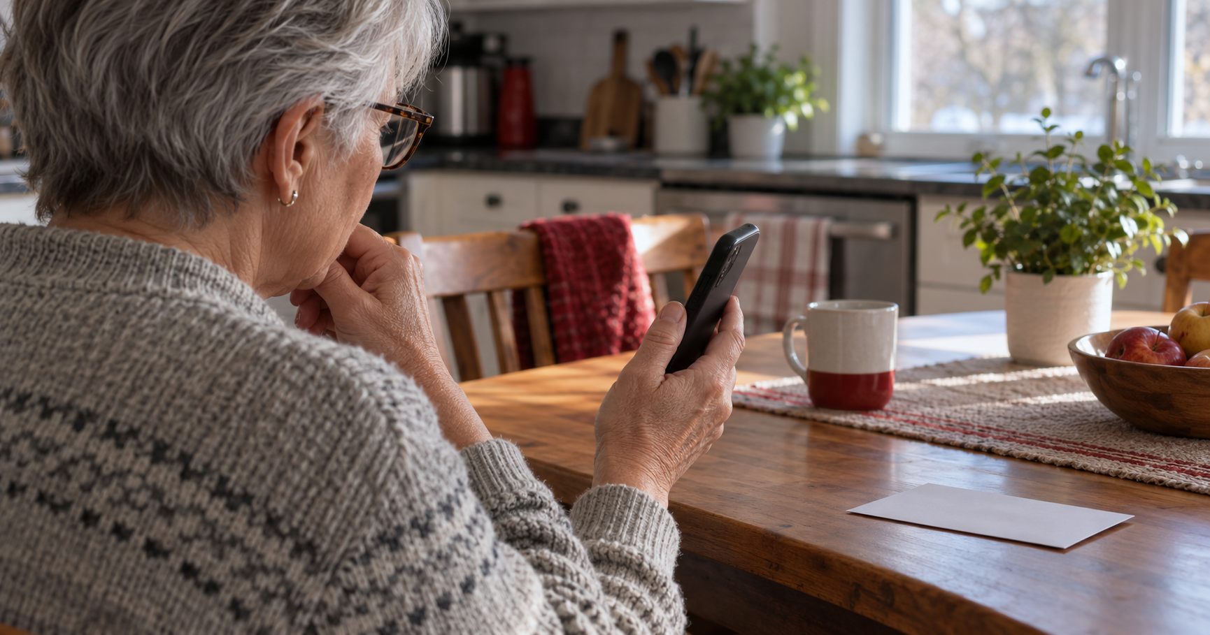 An older adult studies an incoming call on a smartphone at a kitchen table.