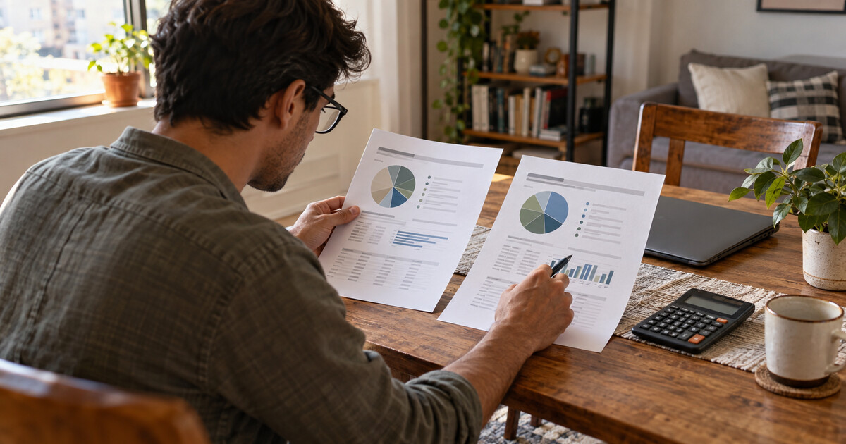 An investor compares two fund fact sheets at a dining table in an illustrative scene.