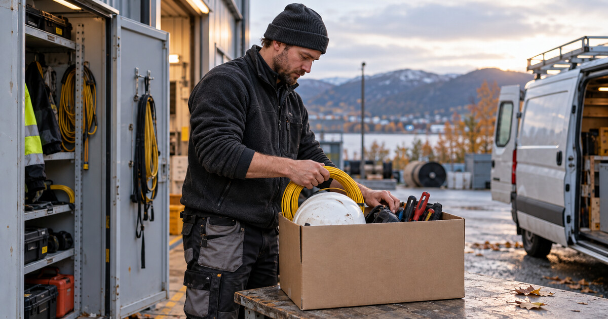 A telecom technician packs field equipment into a box at a regional depot in an illustrative scene.