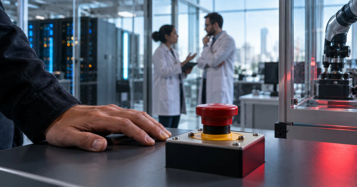 A hand beside an emergency-stop switch in a glass-walled AI research lab.