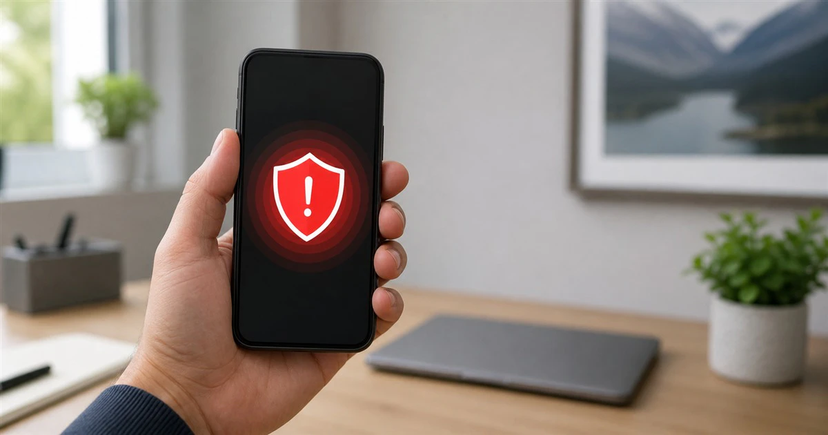 Person holding an unbranded smartphone that displays a red security shield warning
