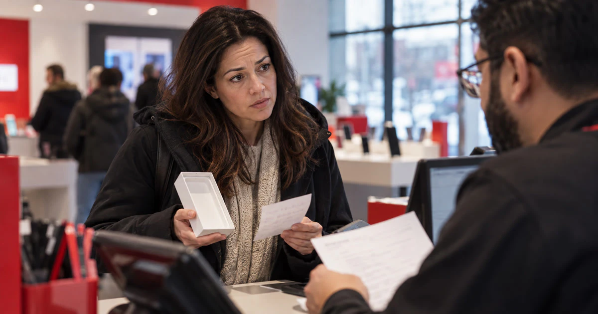 A customer brings an empty phone box and paperwork to a Canadian wireless service counter.
