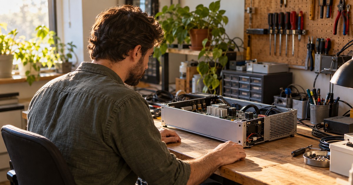 An engineer examines an open electronics enclosure at a workbench.