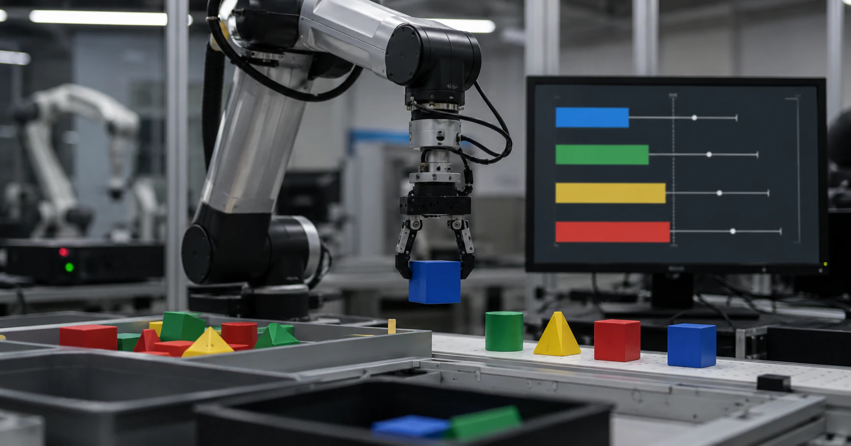 A robotic arm sorting physical test blocks in an AI benchmark lab