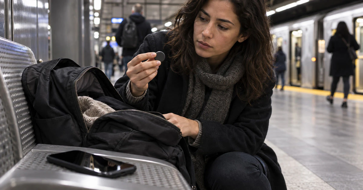 A commuter examines a small tracker found inside a backpack on a subway platform.