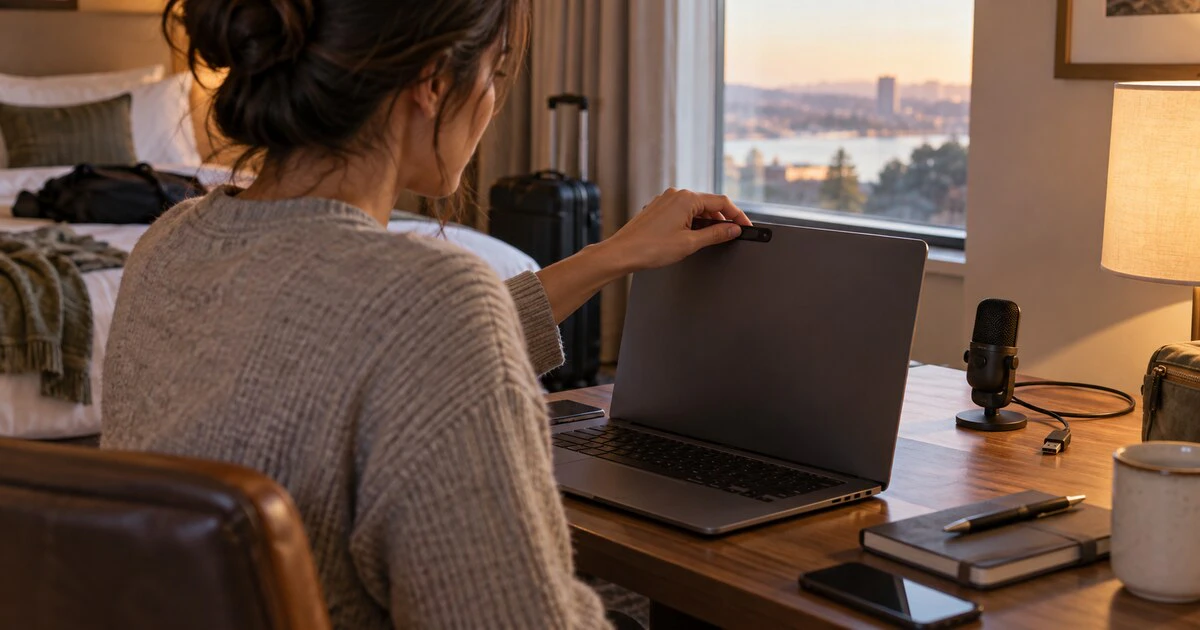 A traveller closes a laptop's webcam shutter beside an unplugged microphone.