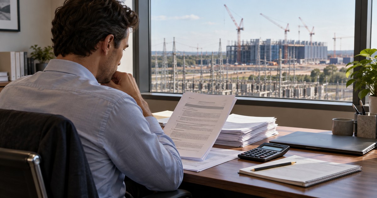 A credit analyst reviews financing documents with data-centre construction visible outside in an illustrative scene.