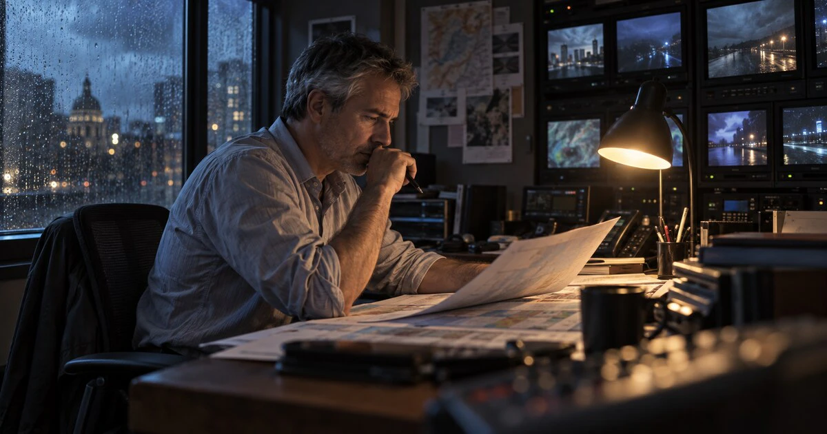 A forecaster studies paper charts in a rain-lit overnight control room.