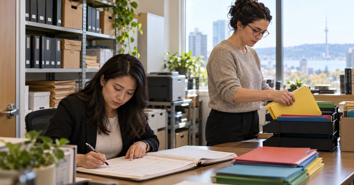Legal operations staff check a paper deadline log and organize case folders in an illustrative office scene.