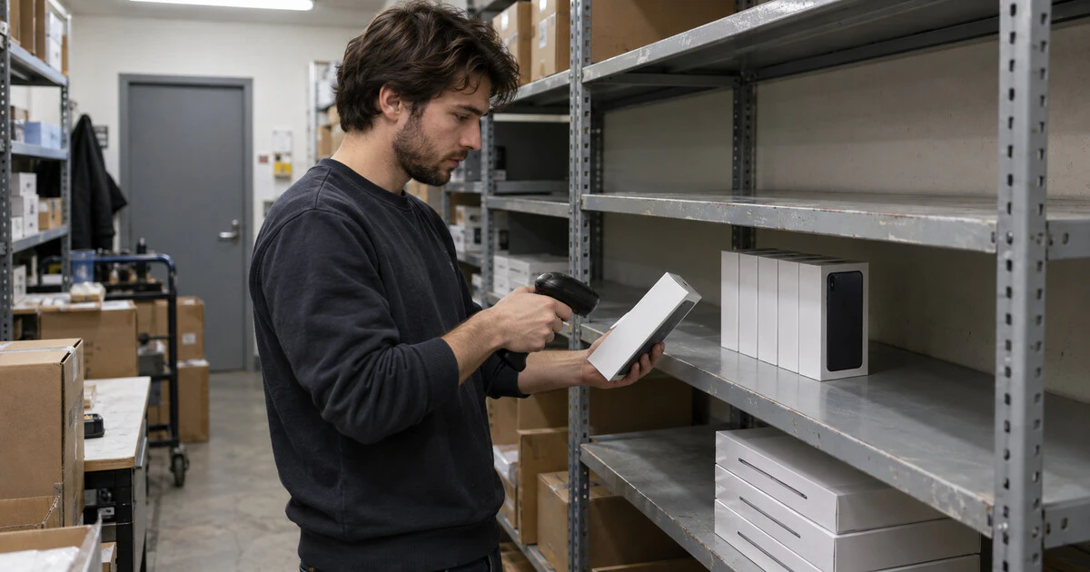 An electronics shop employee checks a nearly empty shelf of boxed devices.