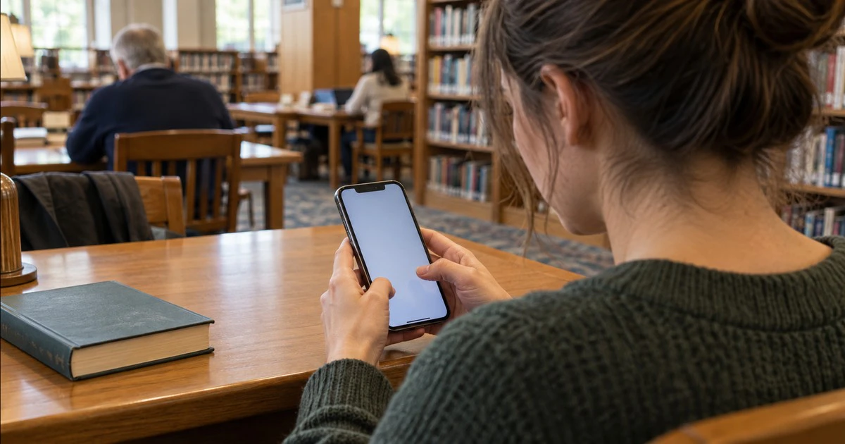 A library visitor looks at the front screen of a phone held in both hands.