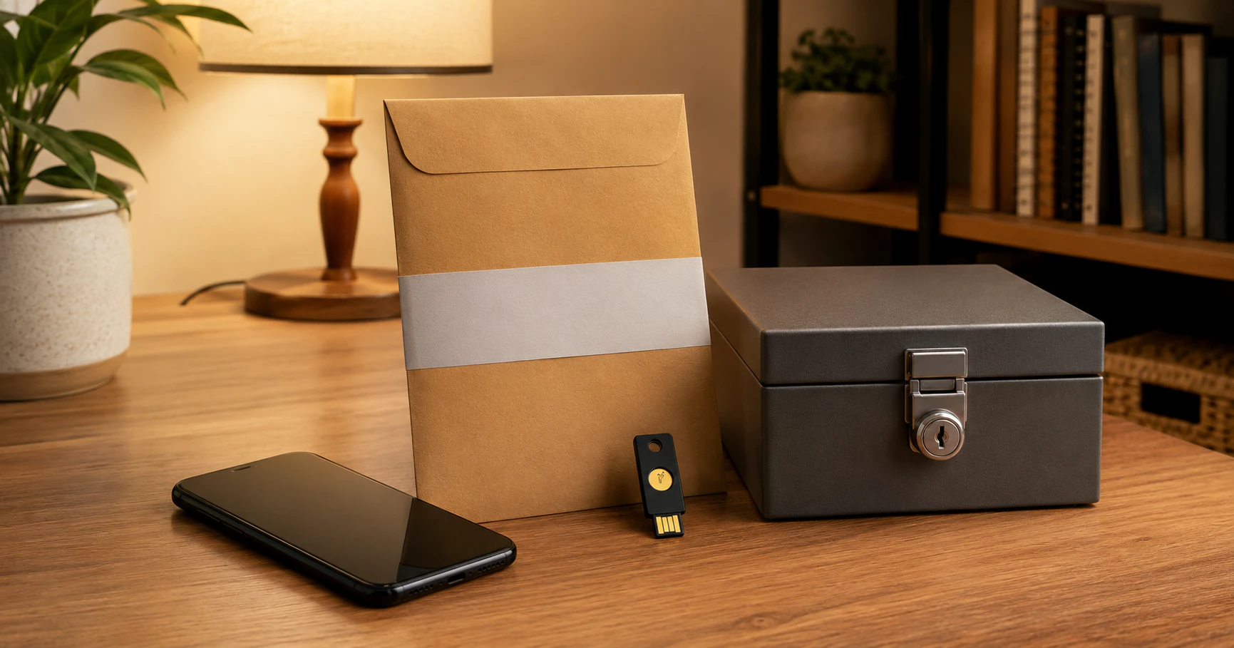 A prepared account recovery kit with a phone, hardware security key and locked document box