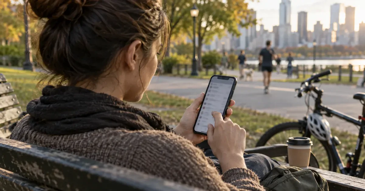 A person reviews phone settings on a park bench beside a bicycle.