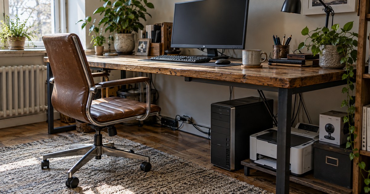 A home office desk with an older desktop computer, printer and boxed webcam.