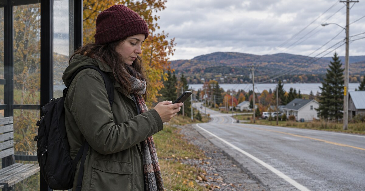 A woman checks her phone beside a rural Quebec road and bus shelter on an autumn morning.