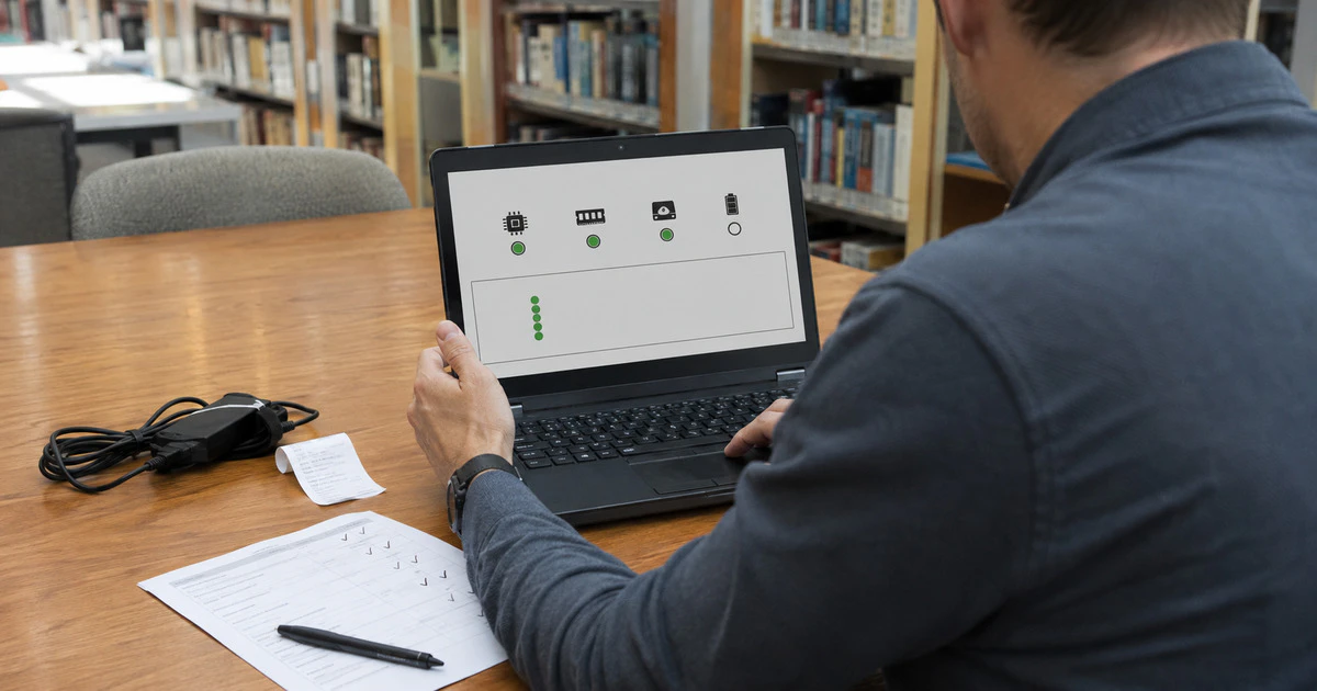A used laptop being tested for its specifications before a purchase