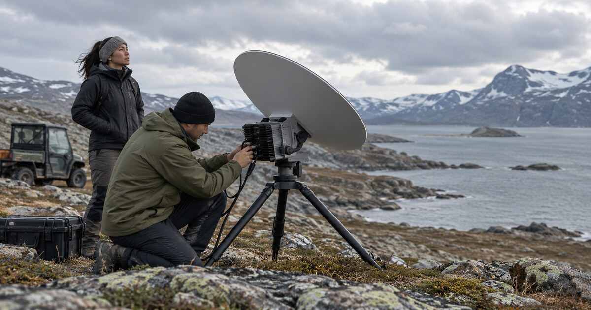 Two field technicians adjust a portable satellite terminal in a northern coastal landscape.