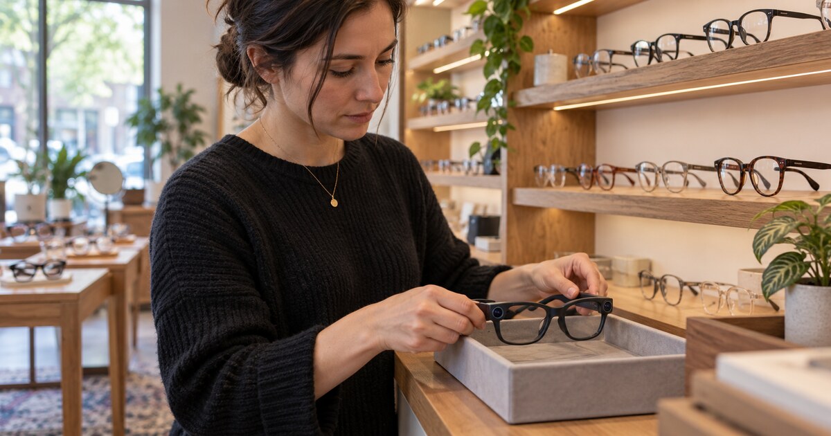 An optician places camera-equipped smart glasses into a storage tray.