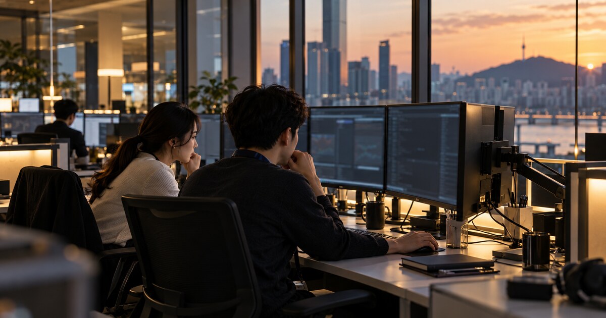 Two financial-security analysts investigate network activity in an office overlooking a city.