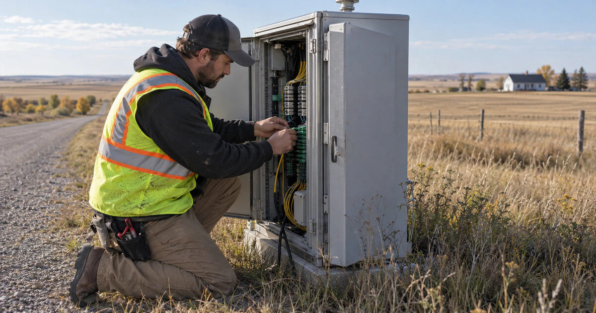 A telecom technician connects fibre inside a roadside cabinet on the Alberta prairie.