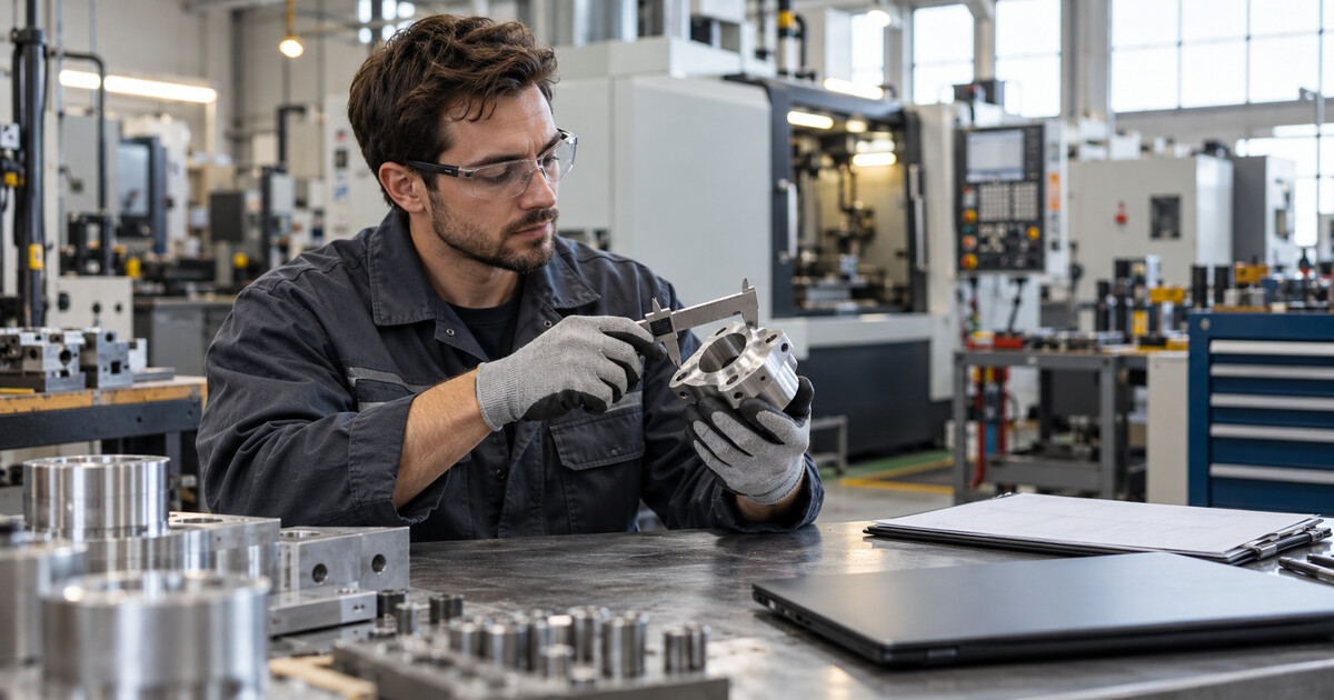 An industrial engineer measures a machined component in a manufacturing workshop.