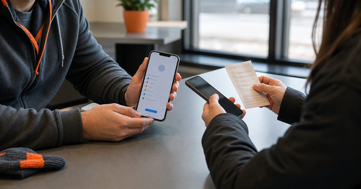 Two people inspecting a used phone before a sale and purchase.