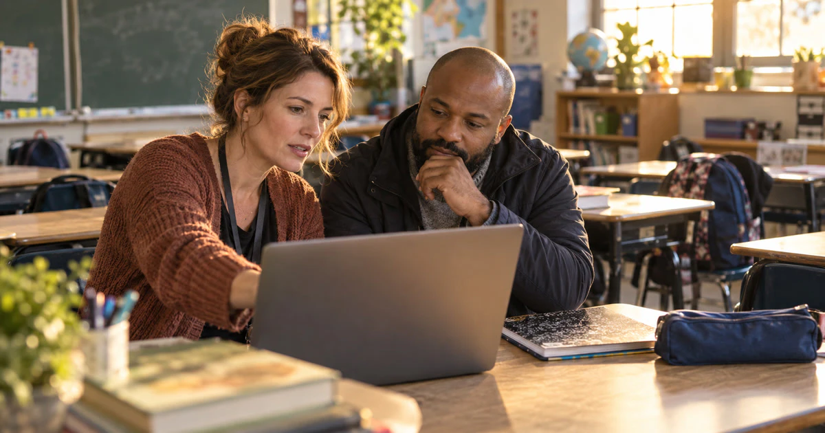 A teacher and parent reviewing a laptop together in an empty classroom.