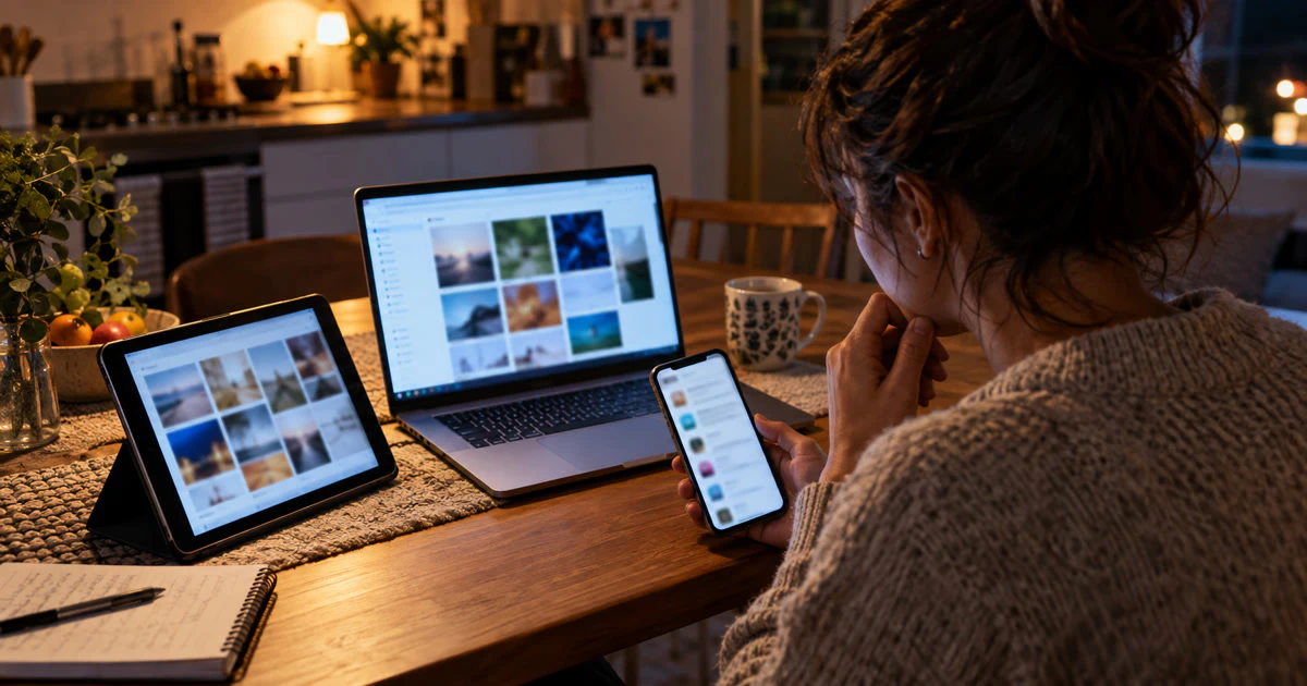 A person checking a phone, tablet and laptop at a kitchen table at night.