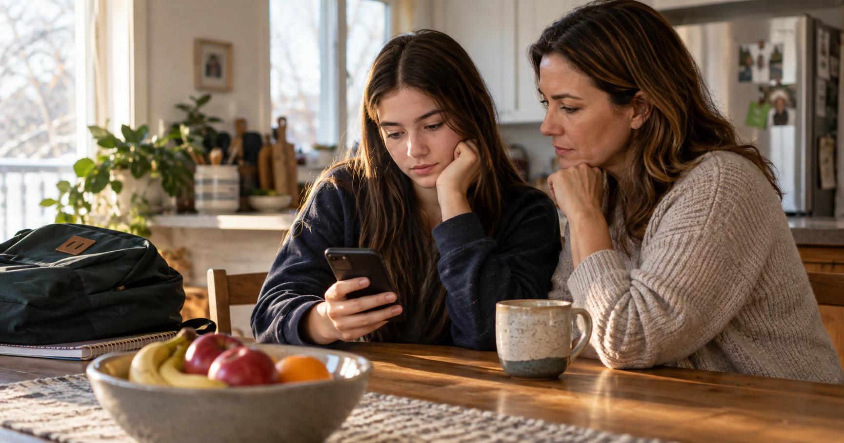 A teenager and her mother review a phone together at a kitchen table.