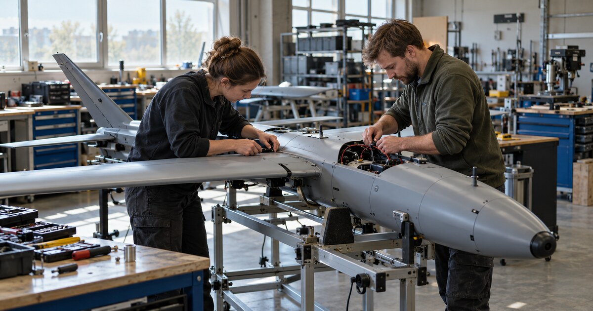 Two engineers inspect an unbranded interceptor drone airframe in an industrial workshop.