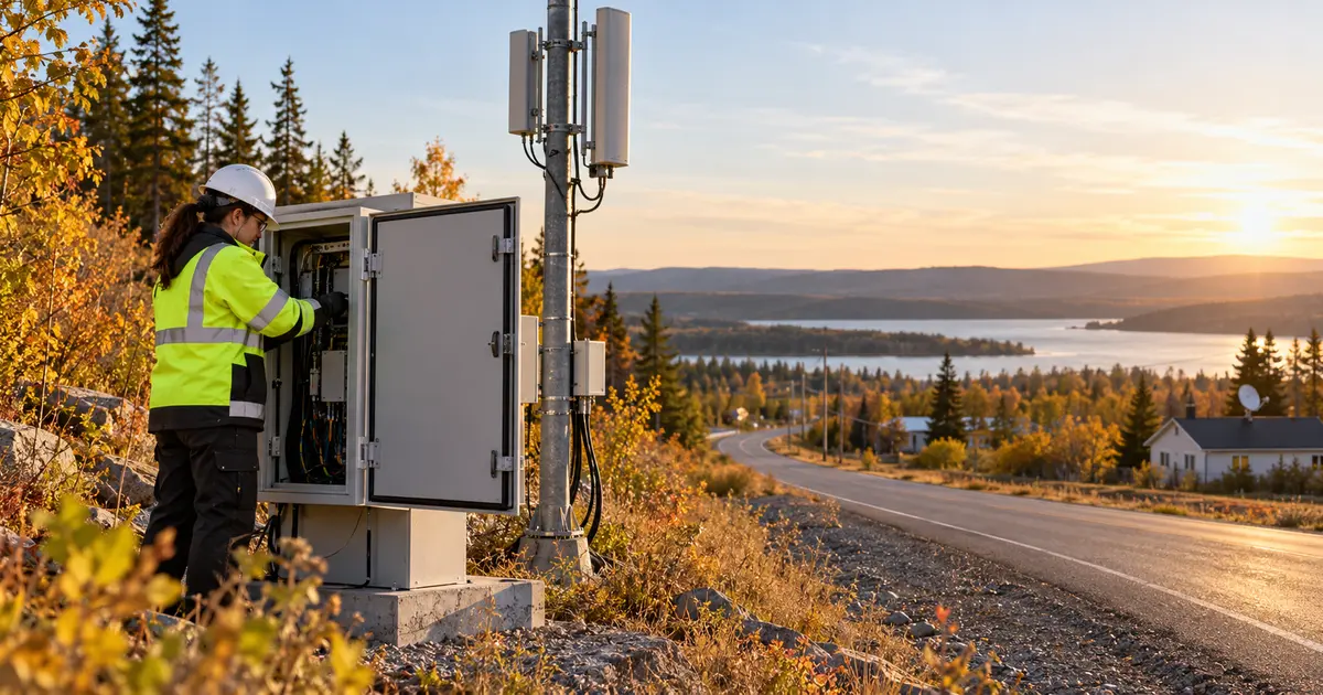 A telecom technician inspects rural wireless equipment at sunrise.